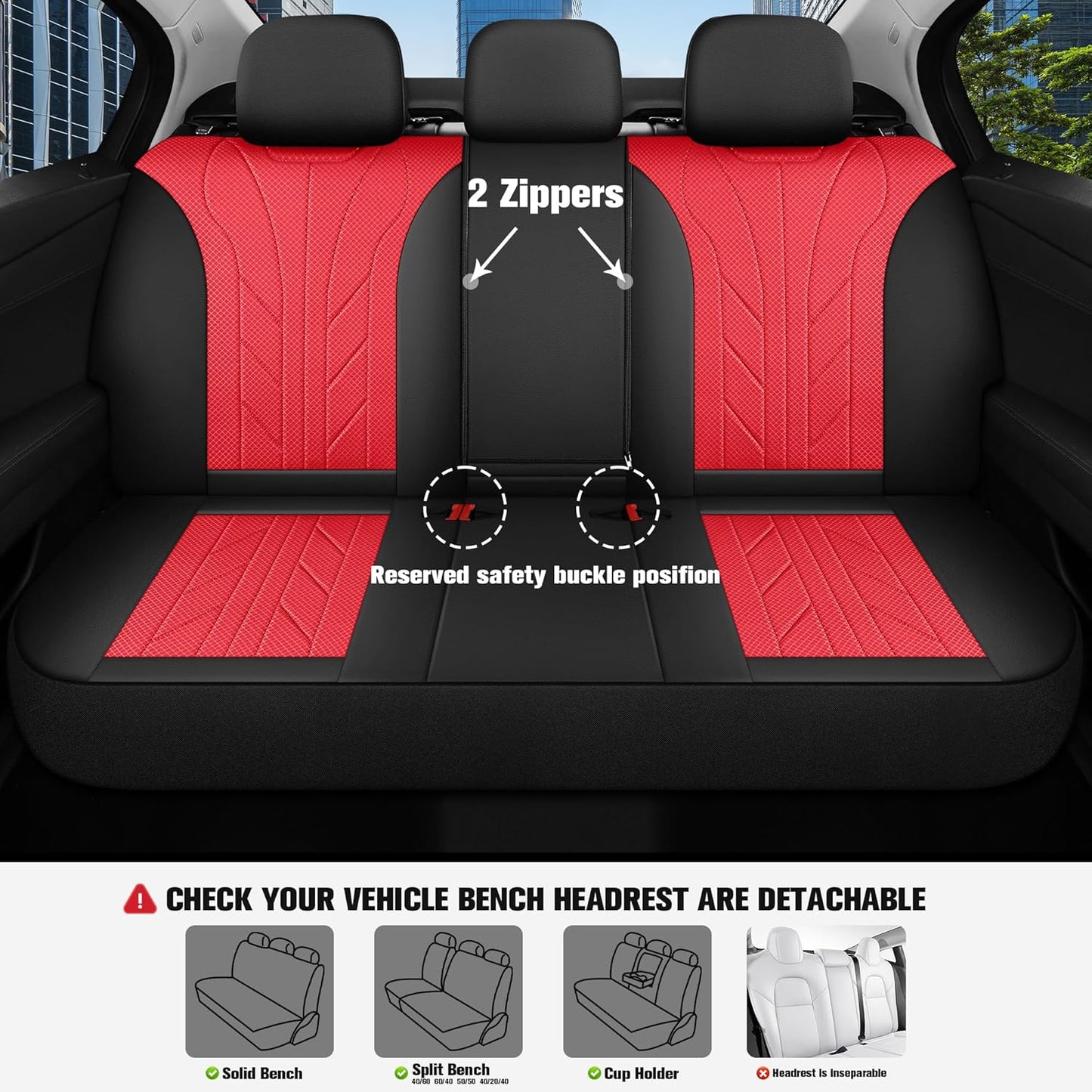 CAROMOP Luxury Faux Leather&Fabric Car Seat Covers Full Set with Breathable 3D Foam Back Support,Universal Comfortable Seat Covers for Cars,Trucks,SUVs, Front Armrests Compatible(5-Seat Black/Red)