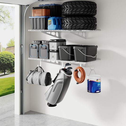 LEXIMOUNTS 2-Pack 2x4ft Garage Shelving with Hooks, 24-inch-by-48-inch Wall Shelf Garage Storage Racks Floating Shelves, White