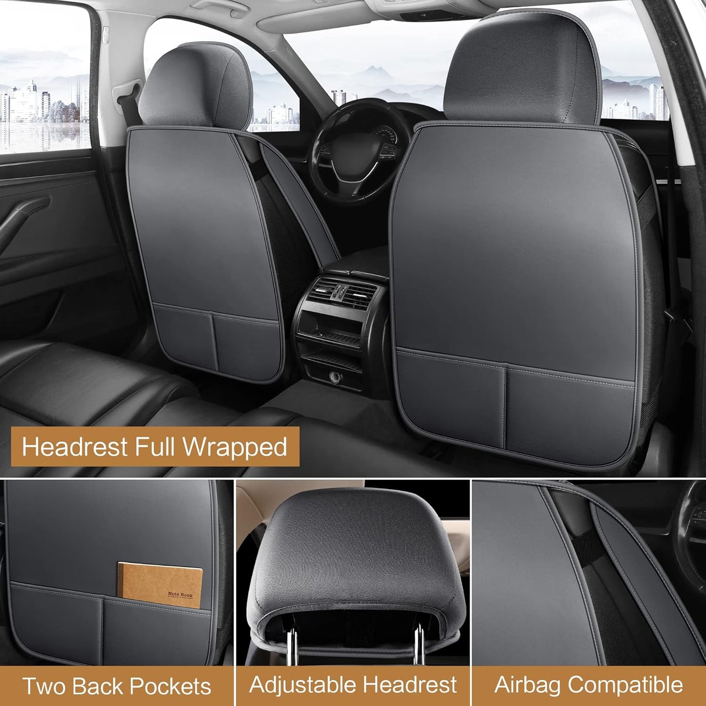 Pariitadin Leather Car Seat Covers Front Pair, Waterproof Breathable Faux Leather Automotive Seat Covers for Cars, Non-Slip Car Interior Covers Universal Fit Most Cars Sedans Trucks SUVs, Gray