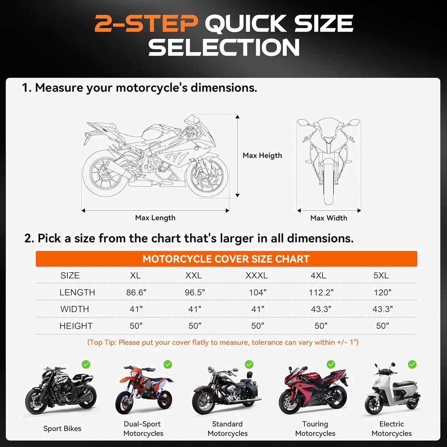 Motorcycle Cover Waterproof Outdoor, 300D Heavy Duty 250cc, UV & Rain Resistant, Windproof with 3 Buckles, Fits Most Motorcycles, Cruisers, Sportbikes, Dirt Bikes, Scooters up to 120" - 5XL Size