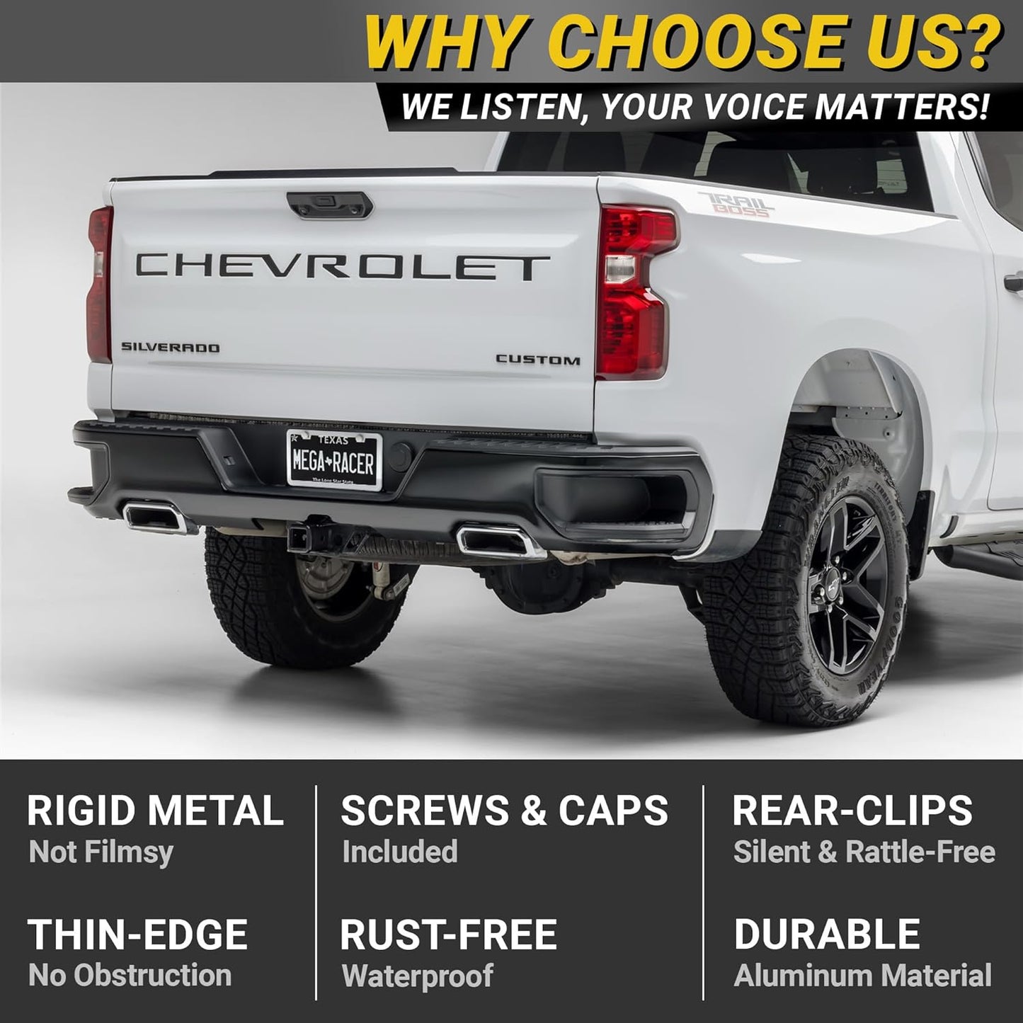 Premium Slim White License Plate Frames – 2 Pack, Rust-Free Stainless Steel, Street Legal & Rattle-Free, Universal Fit with Screw Covers, Sleek Thin Metal Front & Rear Car Tag Holders for Men & Women