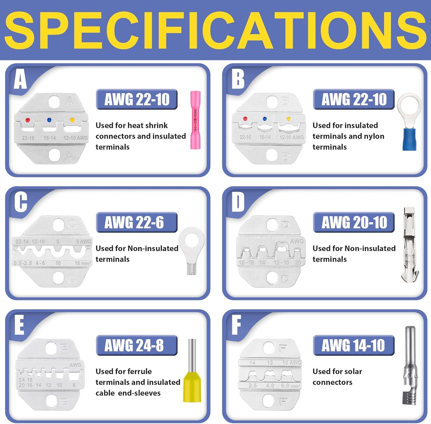 haisstronica 8PCS Crimping Tool Set - Ratchet Wire Crimping Tool for Heat Shrink,Insulated Nylon,Non-Insulated,Ferrule Wire End,Open Barrel Terminals,Solar Connectors