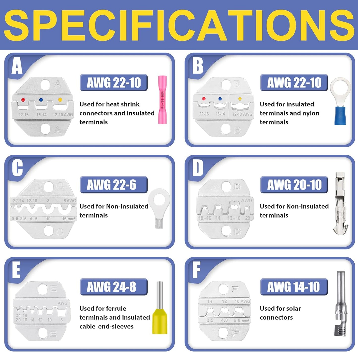 haisstronica 6PCS Crimping Tool Set - Ratchet Wire Crimping Tool for Heat Shrink,Insulated Nylon,Non-Insulated,Ferrule Wire End,Open Barrel Terminals,Solar Connectors