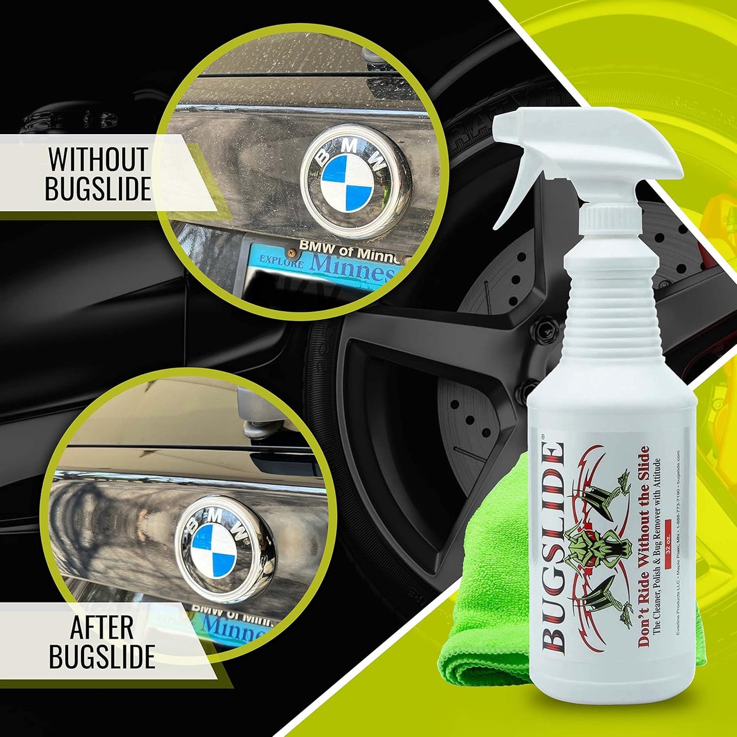 BugSlide 32 Oz Car Detailing Kit with Microfiber Towel – Exterior or Interior Car Cleaner and Waterless Detailer Spray – Clean, Polish, Shine, and Degrease, Never Wax Again – Easy to Use