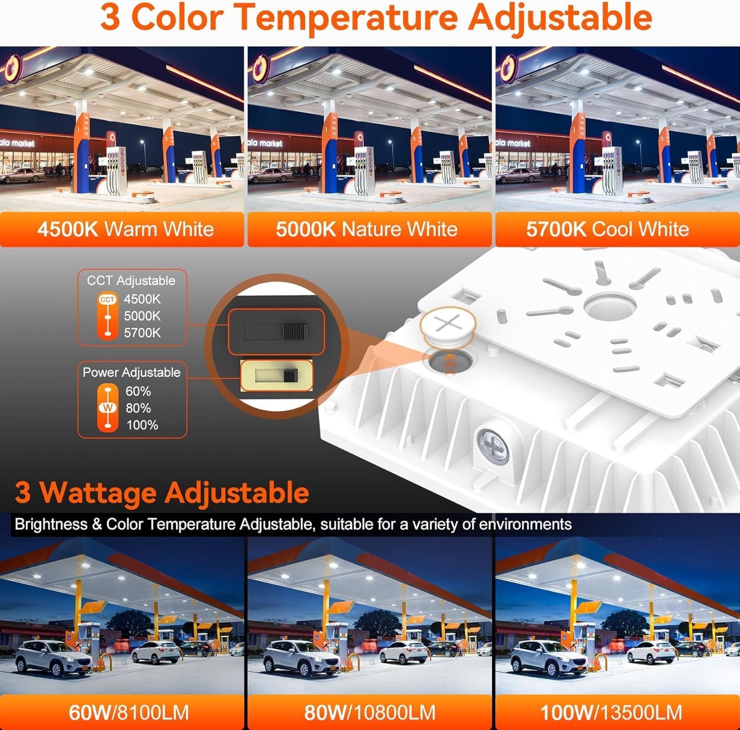 BBESTLED LED Canopy Light with Photocell, 60W 80W 100W Adjustable, ETL&DLC Listed 13500LM Carport Lights 5700K/5000K/4500K, AC100-277V IP65 Waterproof Canopy Light for Gas Station, Dusk to Dawn