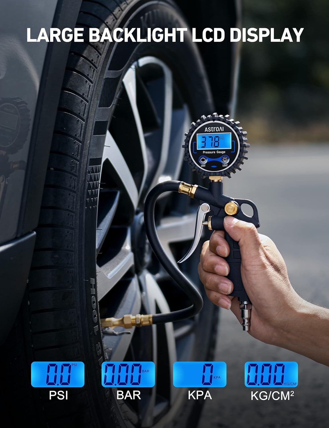 AstroAI Digital Tire Pressure Gauge with Inflator, 250 PSI Air Chuck & Compressor Accessories Heavy Duty with Quick Connect Coupler, 0.1 Display Resolution, Car Accessories, 2pack