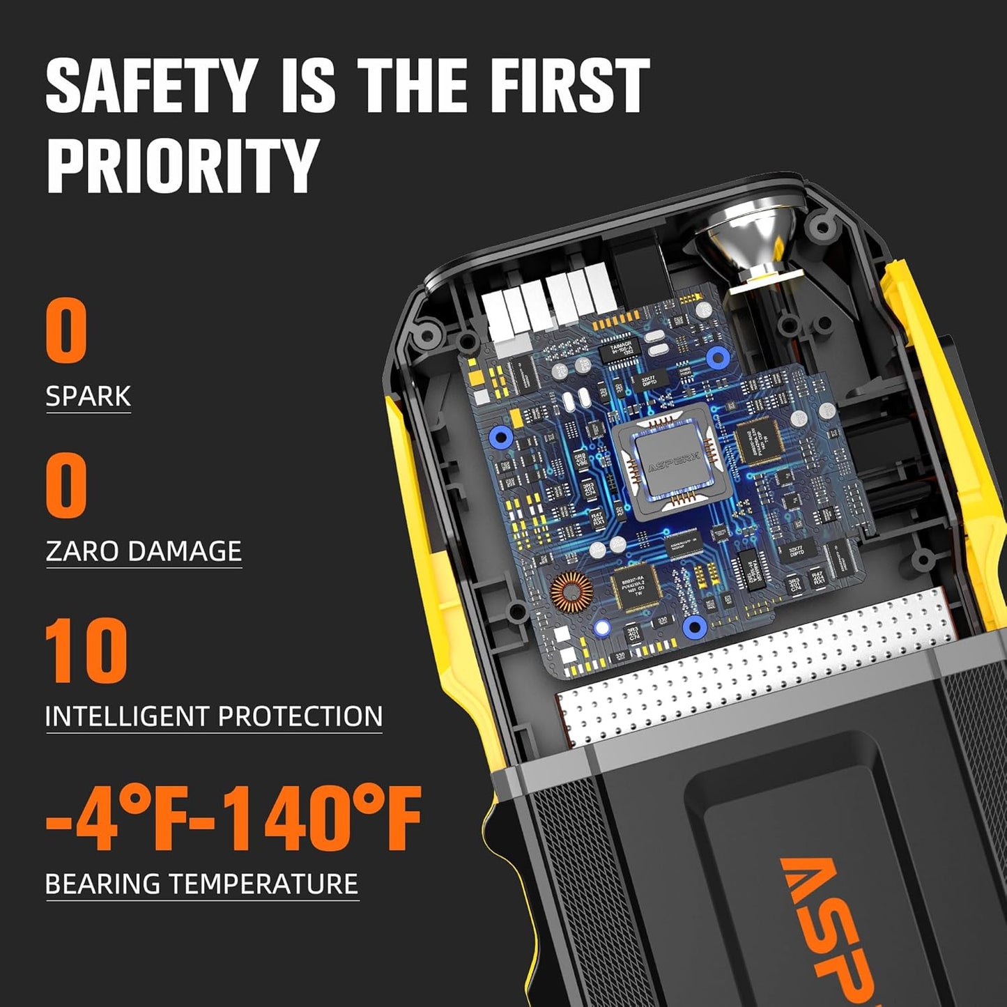 ASPERX 3000A Jump Starter for Car Battery, 12V Portable Jump Box with LED Light & Smart Jumper Cables, BMS for Up to 10.0L Gas or 8.0L Diesel Engines-Yellow