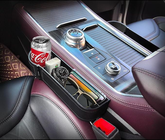 Car Seat Gap Filler Organizer,Multifunctional Car Seat Organizer, Auto Console Side Storage Box with Cup Holders 2 Seat Hooks for Drink, Car Organizer Front Seat for Holding Phone (Black style 2)