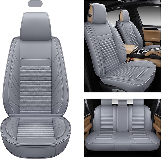 AOOG Leather Car Seat Covers, Leatherette Automotive Seat Covers for Cars SUV Pick-up Truck, Non-Slip Vehicle Car Seat Covers Universal Fit Set for Auto Interior Accessories, Full Set, Gray
