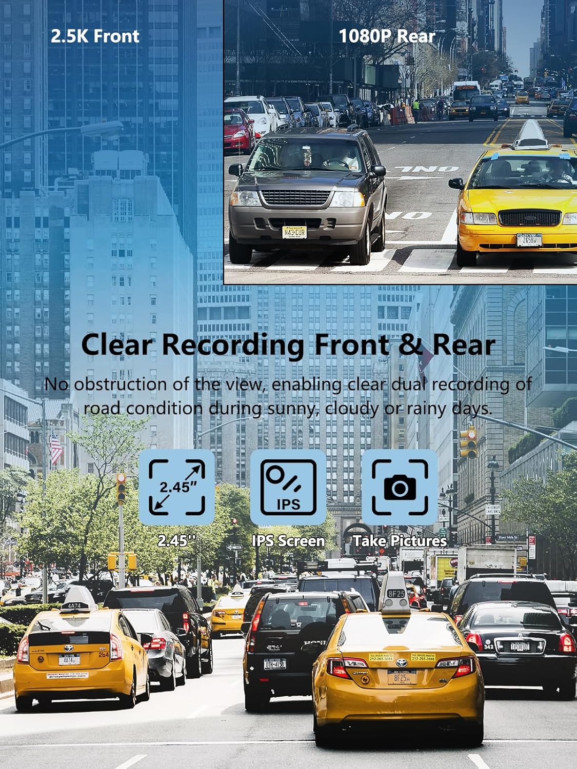 Dash Cam Front and Rear, 2.5K+1080P Dual Dash Camera for Cars with 32GB SD Card, 2.45 inch IPS Screen, 2 Mounting Ways, Night Vision, WDR, Accident Lock, Loop Recording, Parking Monitor