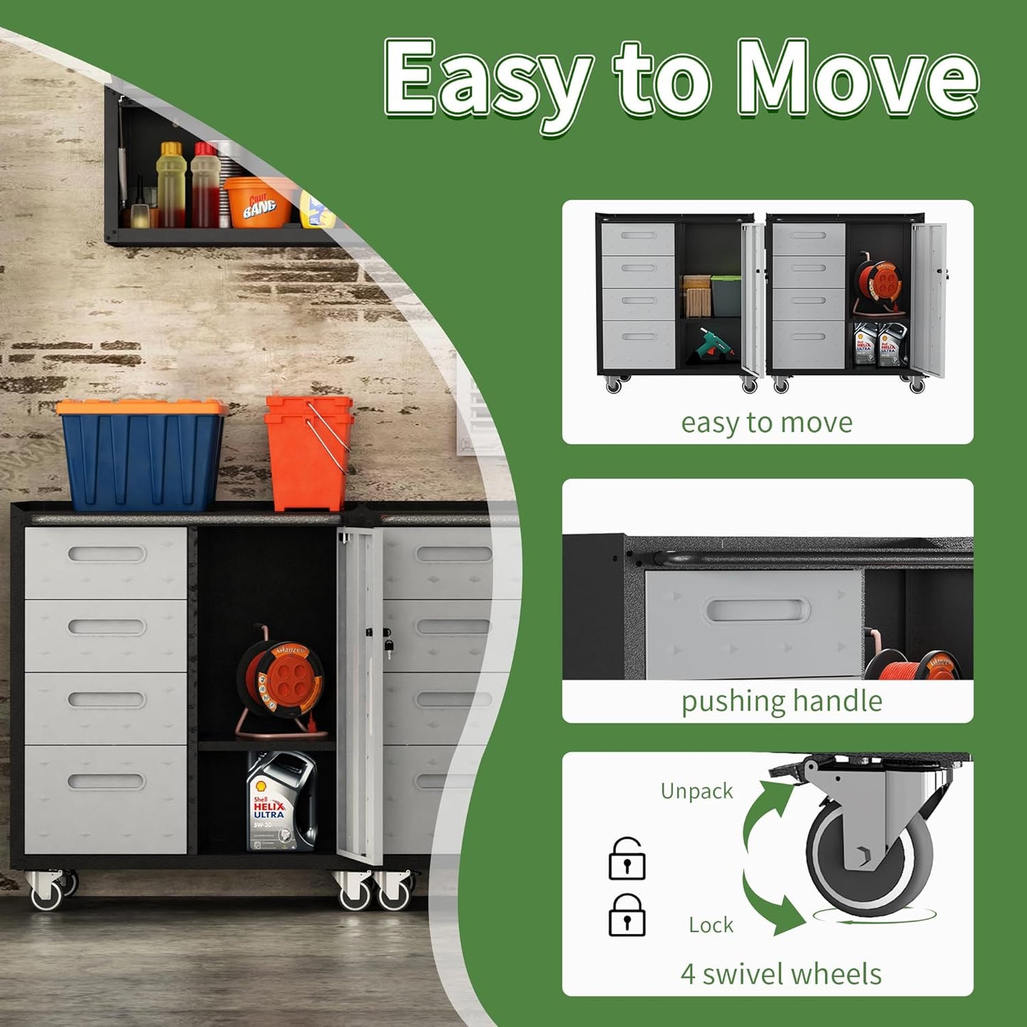 Metal Garage Storage Cabinet with Wheels,Locking Rolling Tool Cabinet with Drawers and Shelves for Home, Office, Garage & Workshop