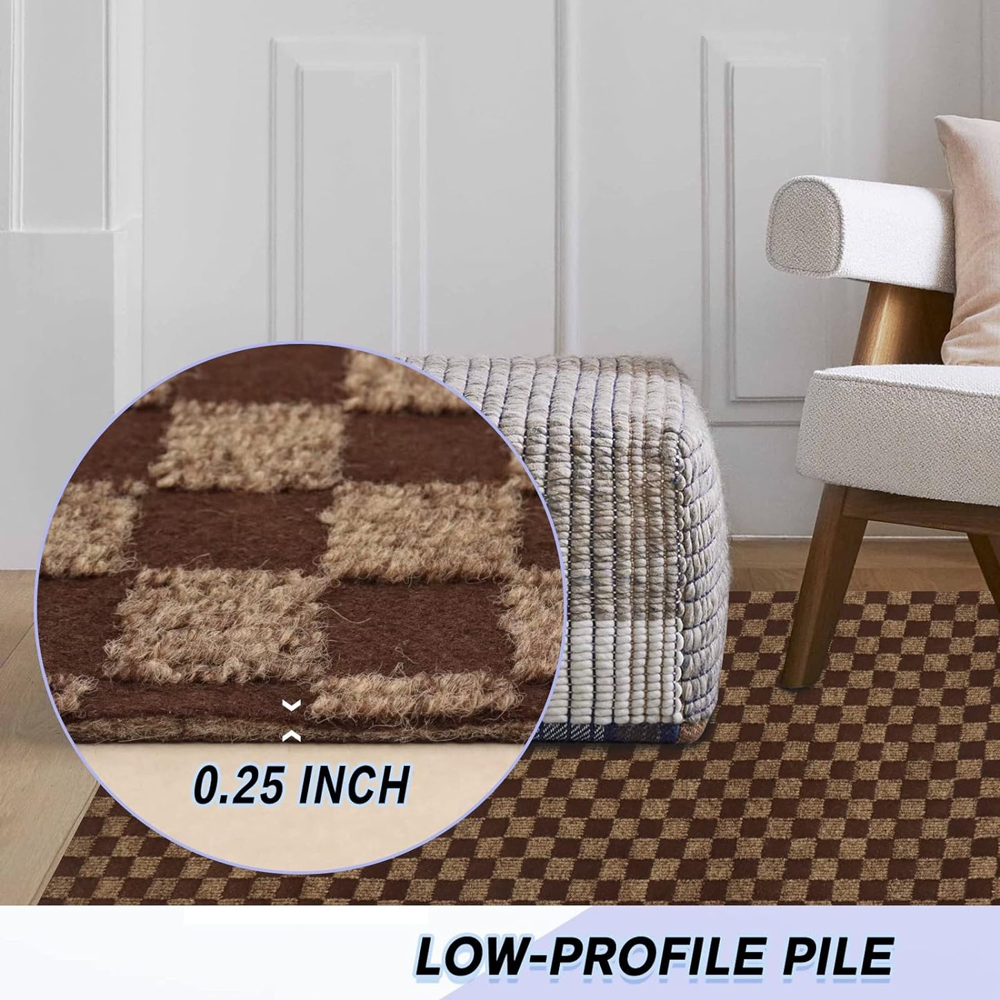 Custom Size Backed Non-Slip Area Rugs Runner, Easy Clean, Waterproof Runner Rugs for Hallway Entryway, Kitchen, Laundry, 3FT x 16FT, Brown Checkered