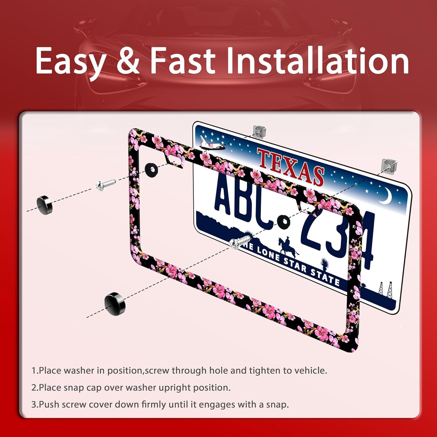 Cherry Blossom License Plate Frame Pink Flowers License Plate Frames Funny Stainless Steel Accessories Cars Decor with 2 Holes and Screws Fits Standard Us Ca Vehicles License Plate Holder 12.2 X 6 in