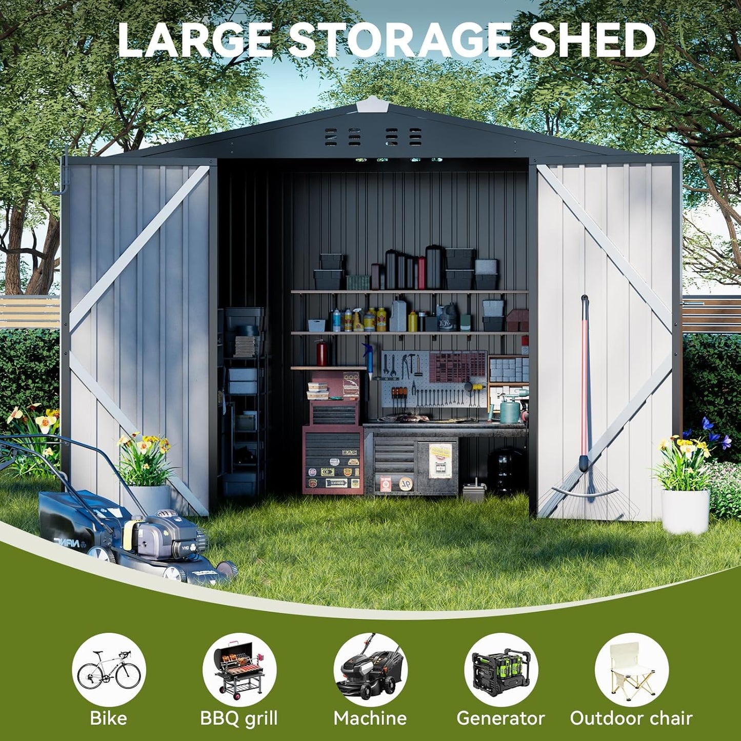 COMHOMA Shed Outdoor Storage Shed Metal,Lockable Doors Tool Sheds with Sloping Roof,Steel Garden Shed with Air Vent for Backyard,Patio,Lawn,Poolside (Grey, 8'*6')