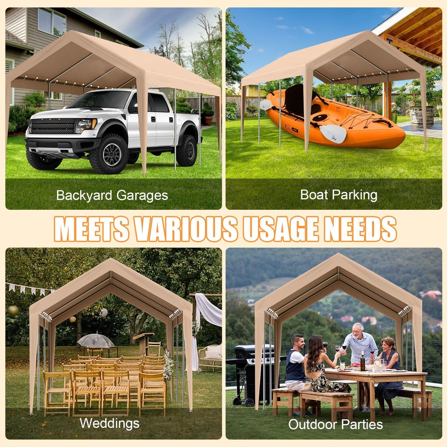 12'x20' Canopy Replacement Cover,Beefull Carport Replacement Canopy for Car Garage, Waterproof & UV Protected Tarp with Ball Bungees, Beige(Frame is not Included)