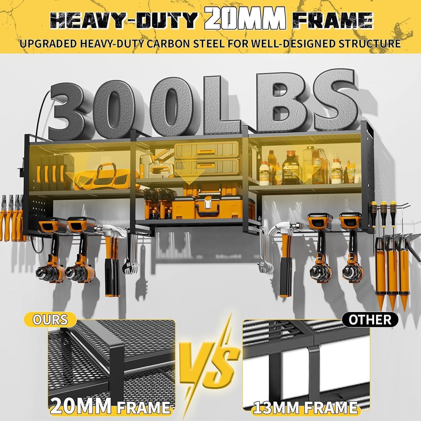 Power Tool Organizer with Charging Station Wall Mount, 3 Layer Expanded Heavy Duty Garage Organization, 48.8 Inch Length Garage Tool Storage, 4 Drill Slot, 16" Standard Hole, Black