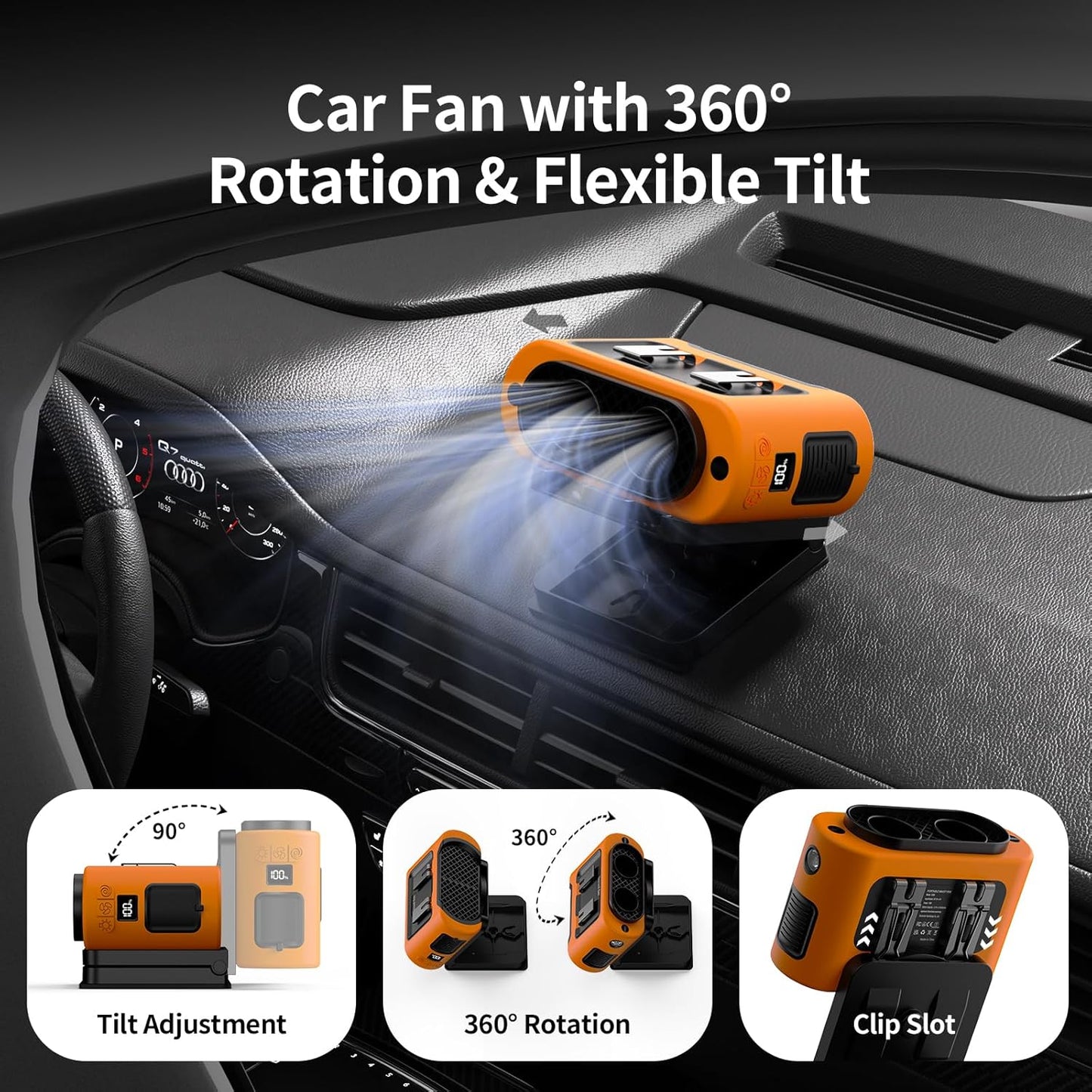 Socool Portable Car Fan - 14500mAh Rechargeable Battery Opearated, Clip on Car Seat Headrest 360 Rotatable, 5-Speed Backseat Fans for Baby Rear Facing Cooling with Dual Air Outlets for SUV RV Truck