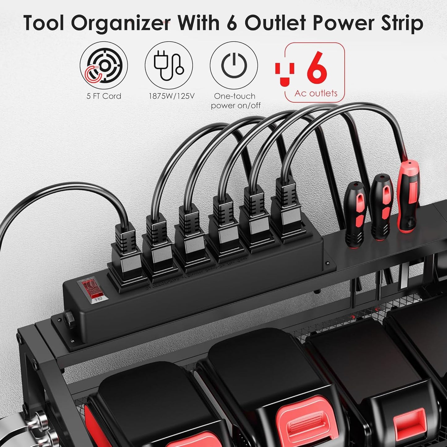 Power Tool Organizer Wall Mount with Charging Station, 3 Layer Storage Rack and Tool Holder for Garage Organization, 8 Drill Holder Wall Mount and 6 Outlet Power Strip