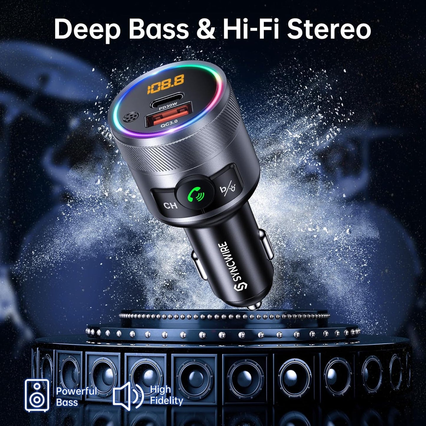 Syncwire Bluetooth 5.4 FM Transmitter for Car, 38W PD&QC3.0 Dual USB Charging Bluetooth Car Adapter Microphone & Bass Sound MP3 Music Player FM Kit with Hands-Free Calling