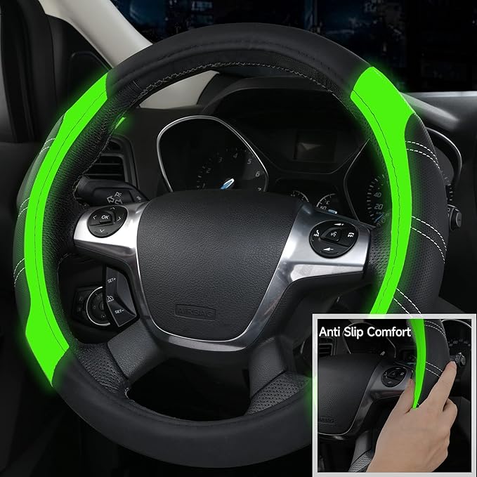 CAR PASS Leather Steering Wheel Cover and Waterproof Car Floor Mats,Microfiber Universal Car Combo Fit for 95% Sedan,SUV,Cars,14.5-15inch Sporty Anti-Slip Comfortable Design(Black＆Fluorescence Green)