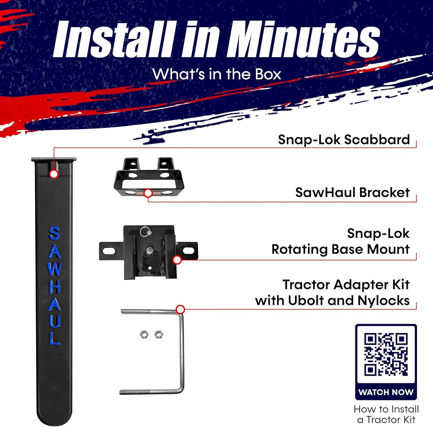 SawHaul Snap-Lok Universal Chainsaw Carrier Kit for Tractors and Skid Steers – 36 Inch Blue Scabbard with Rotating Mount – Compatible with All Chainsaw Brands – Made in USA