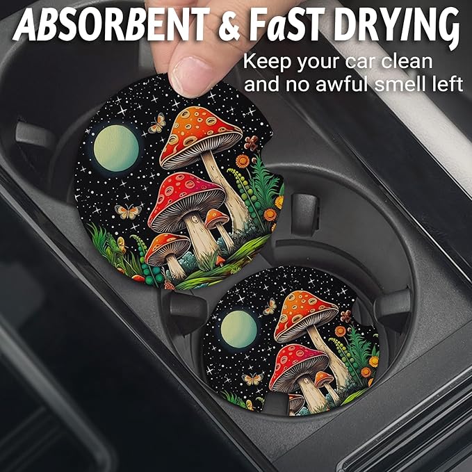 Car Coasters for Cup Holders，2.75" Anti Slip Rubber Mat with A Finger Notch, 2 Pack Car Cup Holder Coasters for Car Interior Accessories for Women Men Mushroom