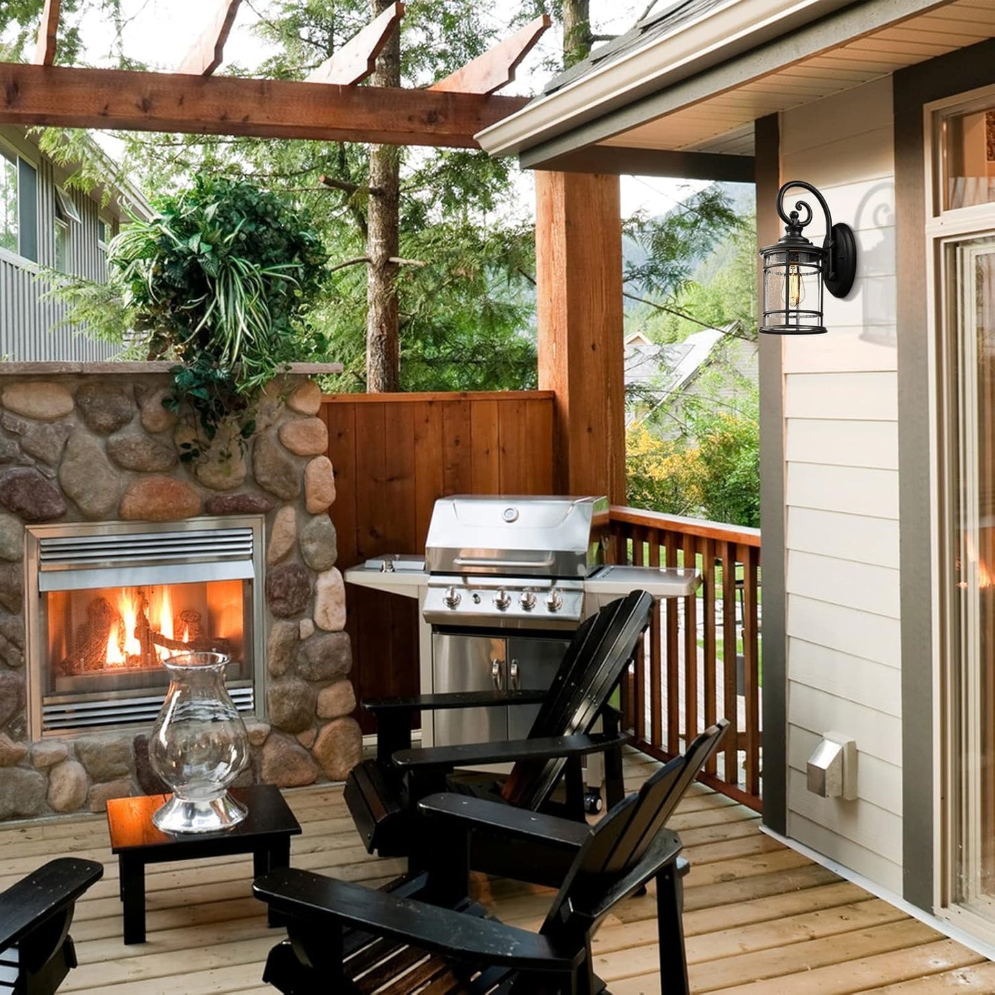 Emliviar Modern Outdoor Wall Lantern - Exterior Carriage Light for Garage Front Porch with Seeded Glass Shade, 15.5 Inch Height, Black Finish, XE229B BK