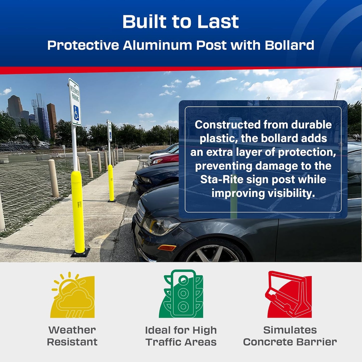 Impact Recovery - Sta-Rite Flexible Sign Post - Sign Holder - Handicap Parking Signs - Made in the USA - 102” with Yellow Bollard - Reserved Parking Signage