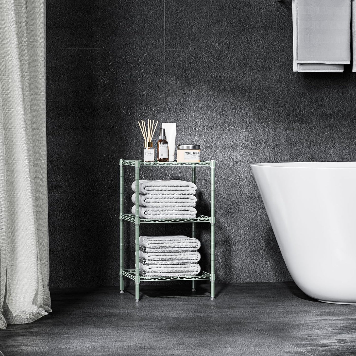 750 lbs 3-Shelf Storage Shelves Wire Shelving Unit Standing Metal Rack for Small Places Narrow Wire Rack for Bathroom, Green 13.8 D x 13.8" W x 25.5" H