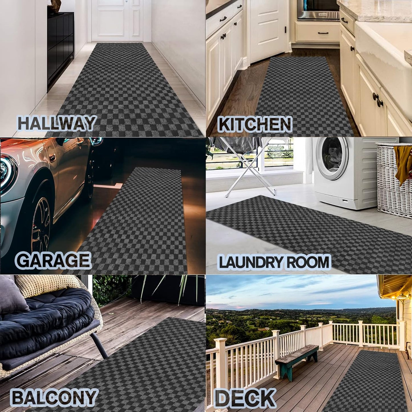 Custom Size Backed Non-Slip Area Rugs Runner, Easy Clean, Waterproof Runner Rugs for Hallway Entryway, Kitchen, Laundry, 2FT x 69FT, Gray Checkered
