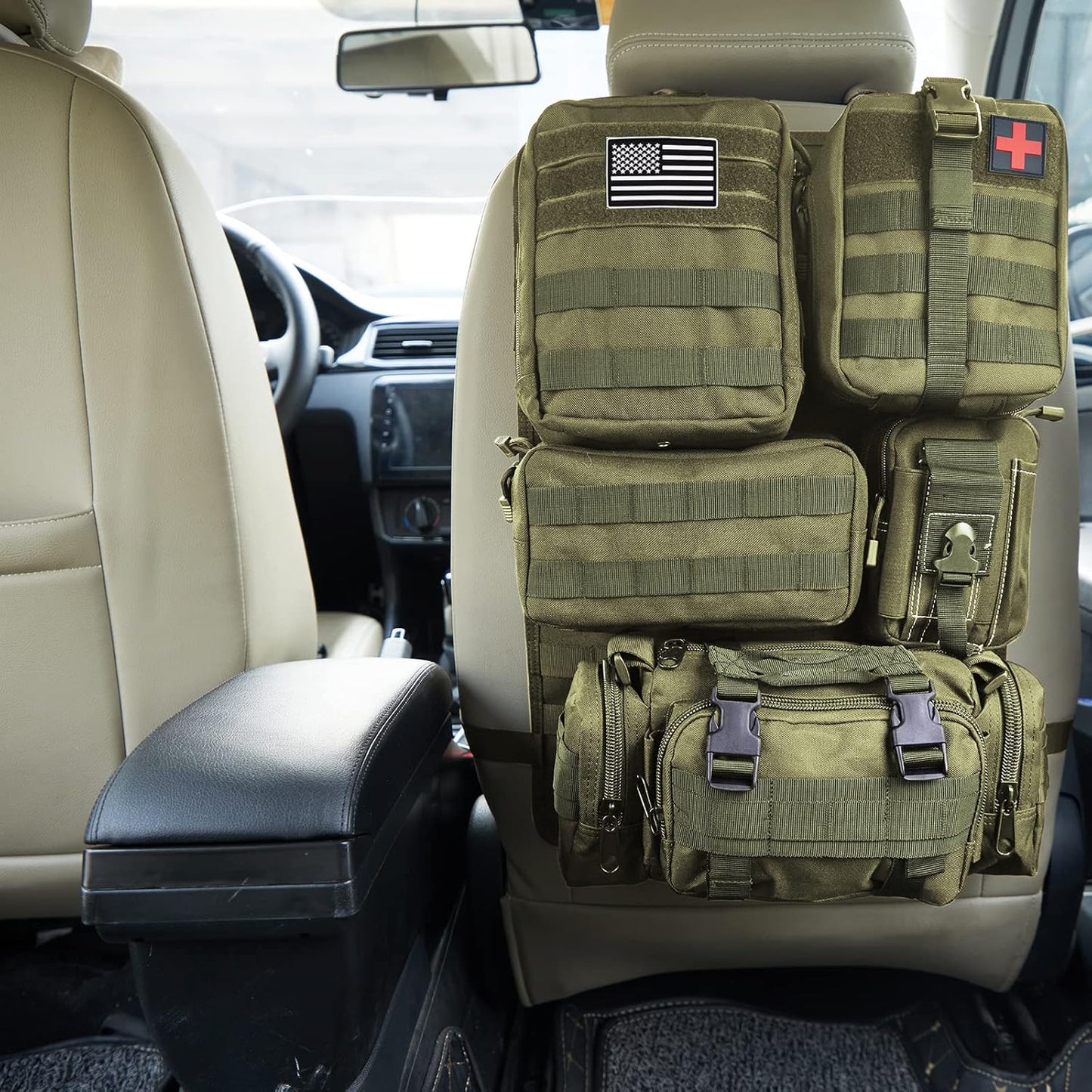 Universal Tactical Seat Back Organizer Vehicle Molle Panel Organizer Storage Bag with 5 Detachable Molle Pouch for All Vehicel Such as Jeep,Truck,SUV, Car, Ford,Chevy etc