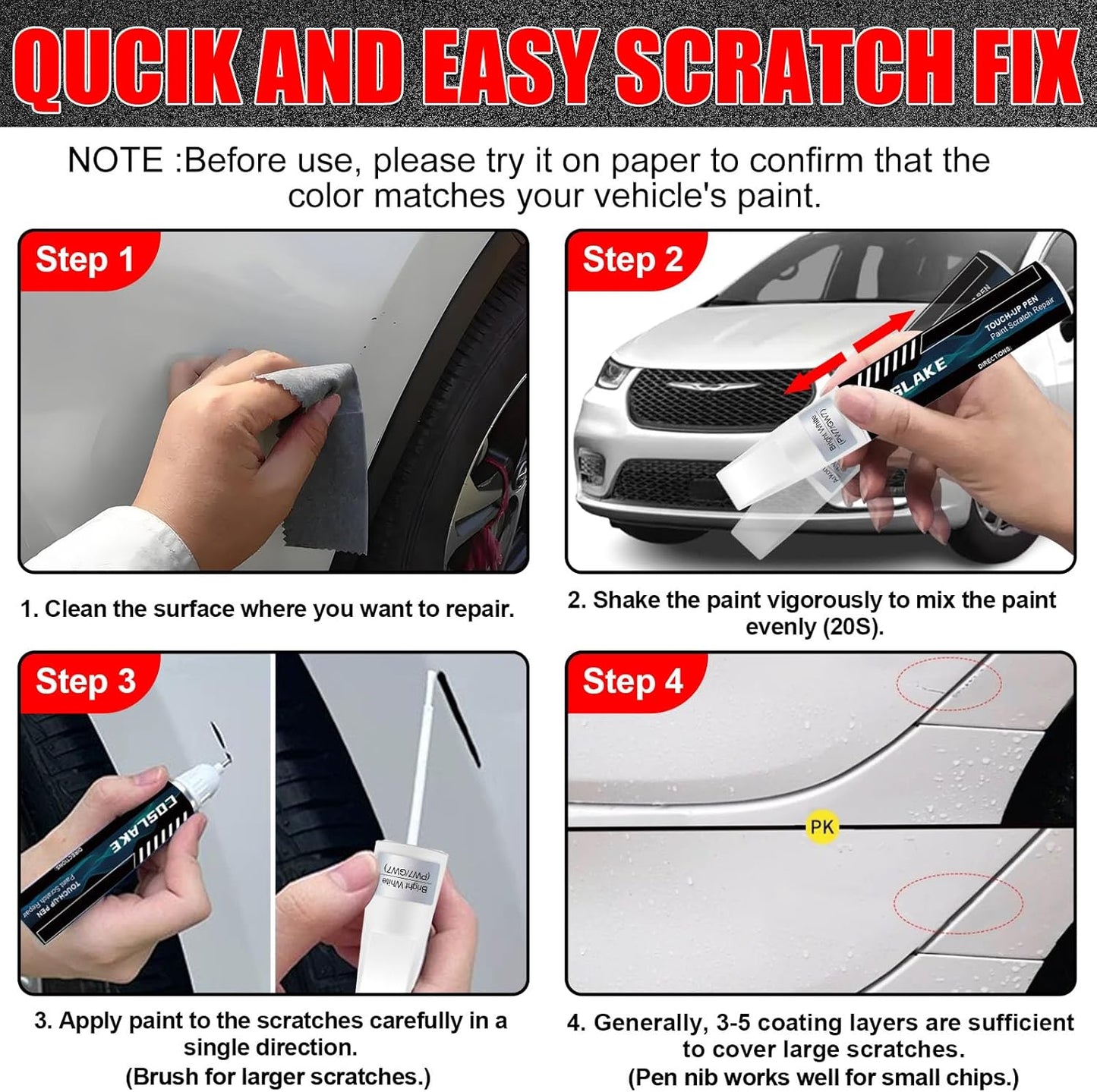 Car Touch Up Paint(Brilliant Black Crystal(PXR/AXR)) for Chrysler, Car Paint Scratch Repair Kit, Quick & Easy Solution to Repair, Scratch Remover Pen with 2PCS Disposable Micro Applicators