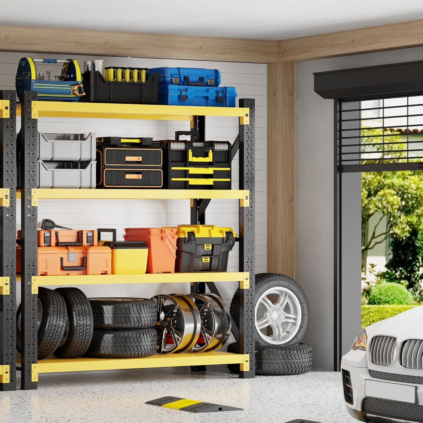 5000LBS Garage Shelving 59" W Garage Shelving Heavy Duty 4-Tier Metal Storage Shelves Adjustable Shelf Unit Storage Rack for Basement Supermarket Warehouse 59" W x 20" D x 78" H Yellow