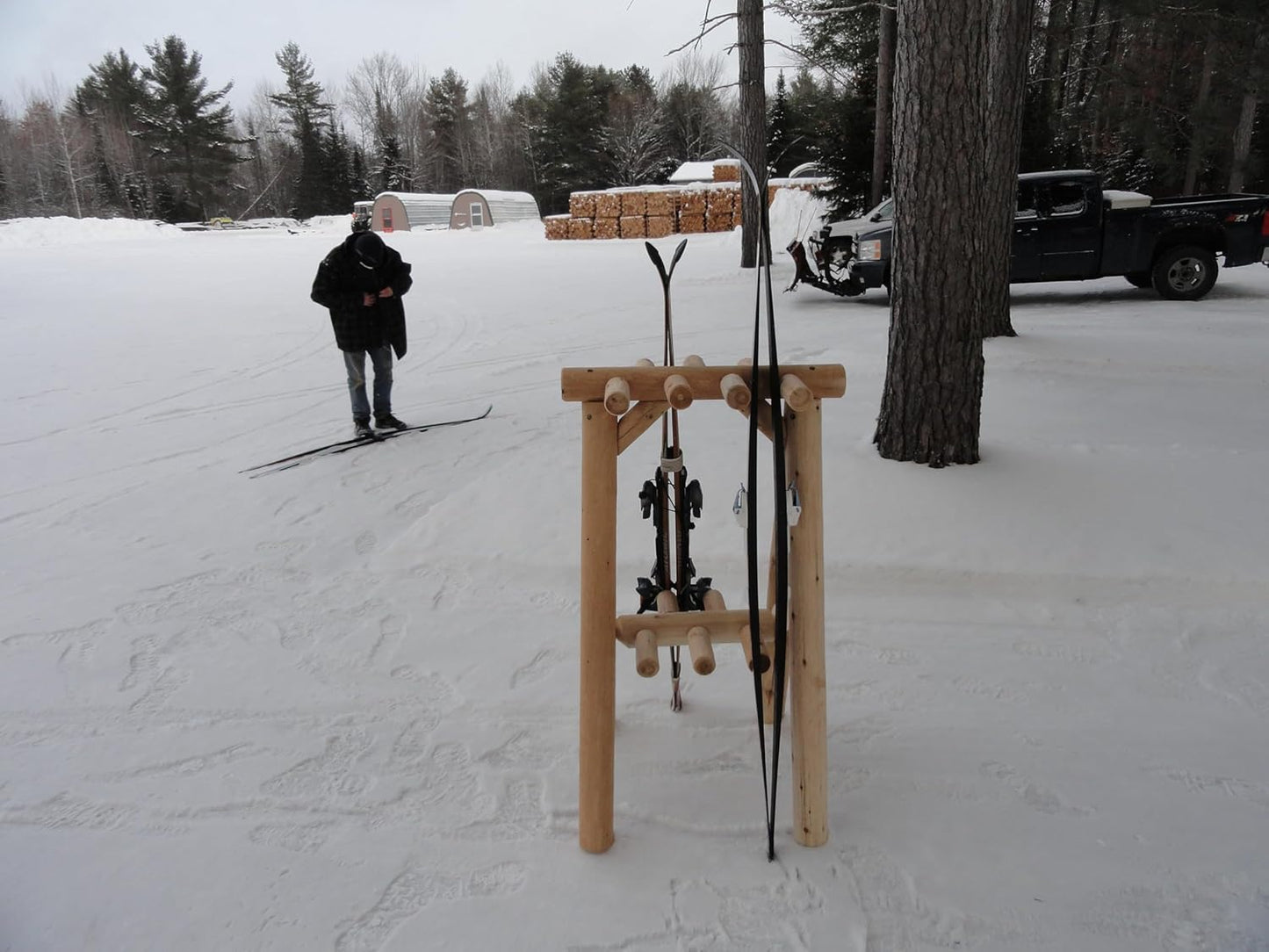 9-Place Freestanding Log Ski Rack Holder, Indoor & Outdoor Snowboard Racks, Standing Storage, Garage Racks for Snow Skis & Poles, Snowboard Rack Garage Storage Organizer - Natural + 15" Anchor Kit