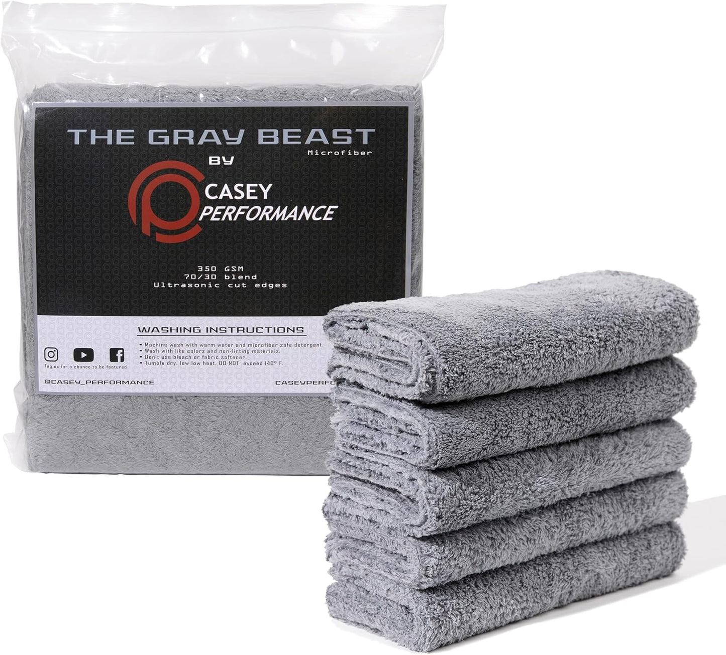 Microfiber Cleaning Cloth - The Gray Beast Towels, Streak-Free Cleaning Rags for Car Wash and Housekeeping, Ultra-Absorbent with Cut Edges to Avoid Scratches (Pack of 5, 16"x16")
