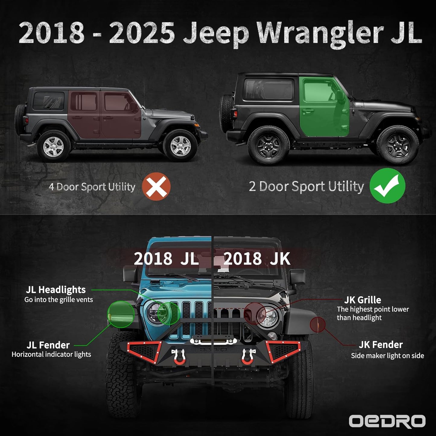 OEDRO 6 inch Running Boards, Drop Side Steps Compatible with 2018-2025 Jeep Wrangler JL 2 Door, All Steel Nerf Bar Paintable Step Plates