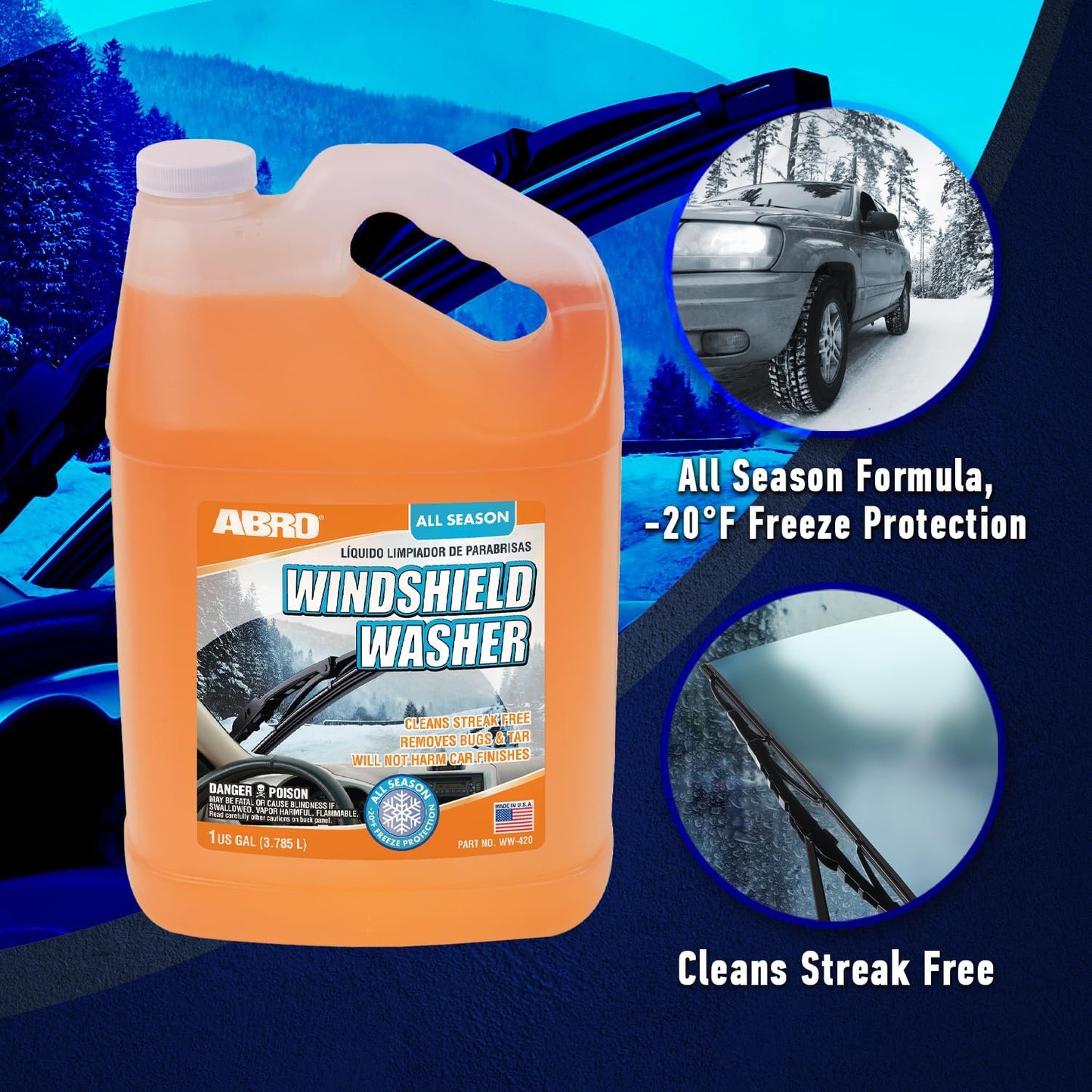 ABRO Car Windshield Washer Fluid: 1 Gallon, All Season/Weather Vehicle Window Cleaner | Streak-Free Clean | Bug and Tar Remover for Cars