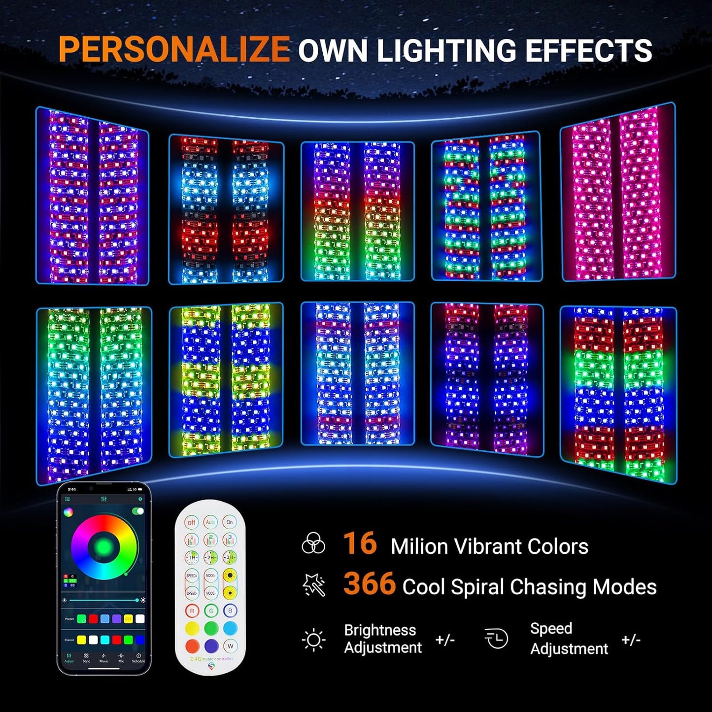 2PCS 2FT Fat Whip Lights for UTV ATV with Spring Base, Led Fatty Whip Light W/Rocker Switch & 6 Flags, Brighter Spiral Chasing Lighted Antenna Whip with APP & Remote Control for RZR SXS Can-Am