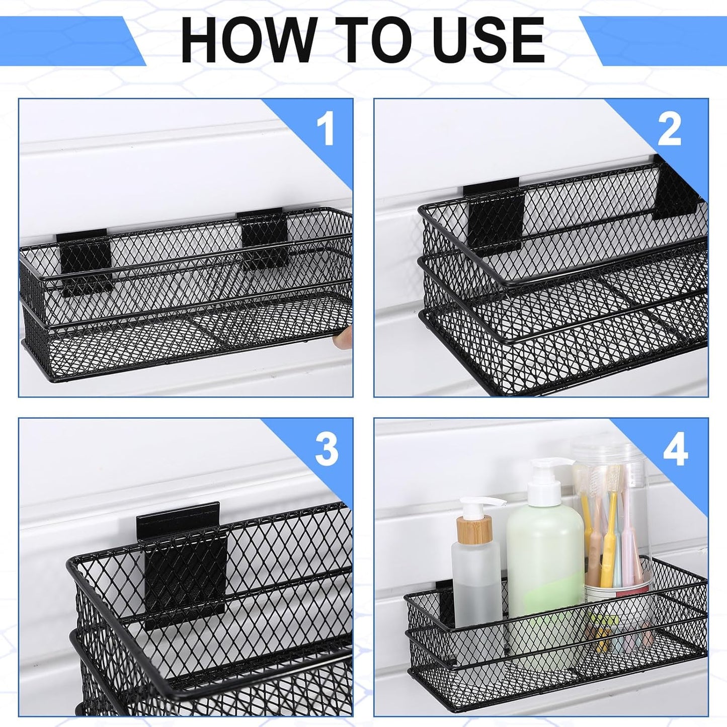 Barydat 4 Pcs Slatwall Basket Set Ventilated Metal Slatwall Basket Hanging Wire Bins Wall Mounted Accessories for Panel Garage Storage Display Organizing(Multi Size,Black)