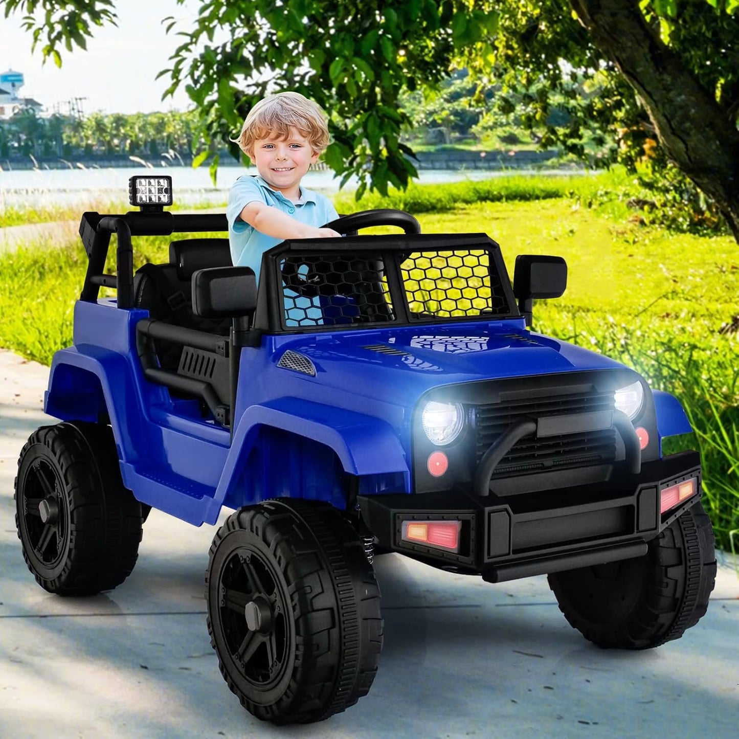 OLAKIDS Kids Ride On Truck, 12V Electric Vehicle Car with Remote Control, Toddlers Battery Powered Toy with 2 Speeds, Spring Suspension, Double Open Doors, LED Lights, TF, Music, USB, Mp3 (Blue)