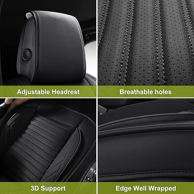 AOOG Leather Car Seat Covers, Leatherette Automotive Seat Covers for Cars SUV Pick-up Truck, Non-Slip Vehicle Car Seat Covers Universal Fit Set for Auto Interior Accessories, Front Pair, Black