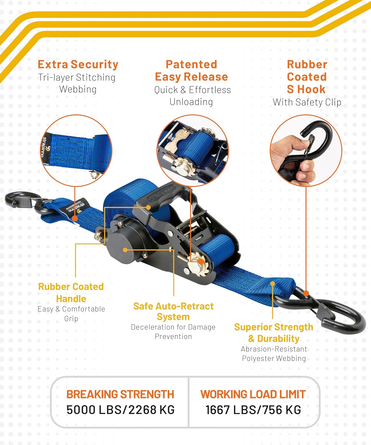 Strapinno 2PCs Retractable Ratchet Tie-Down Straps,5,000 lbs Breaking Strength- 2 in x 12 ft Heavy Duty Ratchet Strap with Safety Lock S Hooks for Motorcycles, ATVs, UTVs, Lawn Equipment & Cargo -Blue