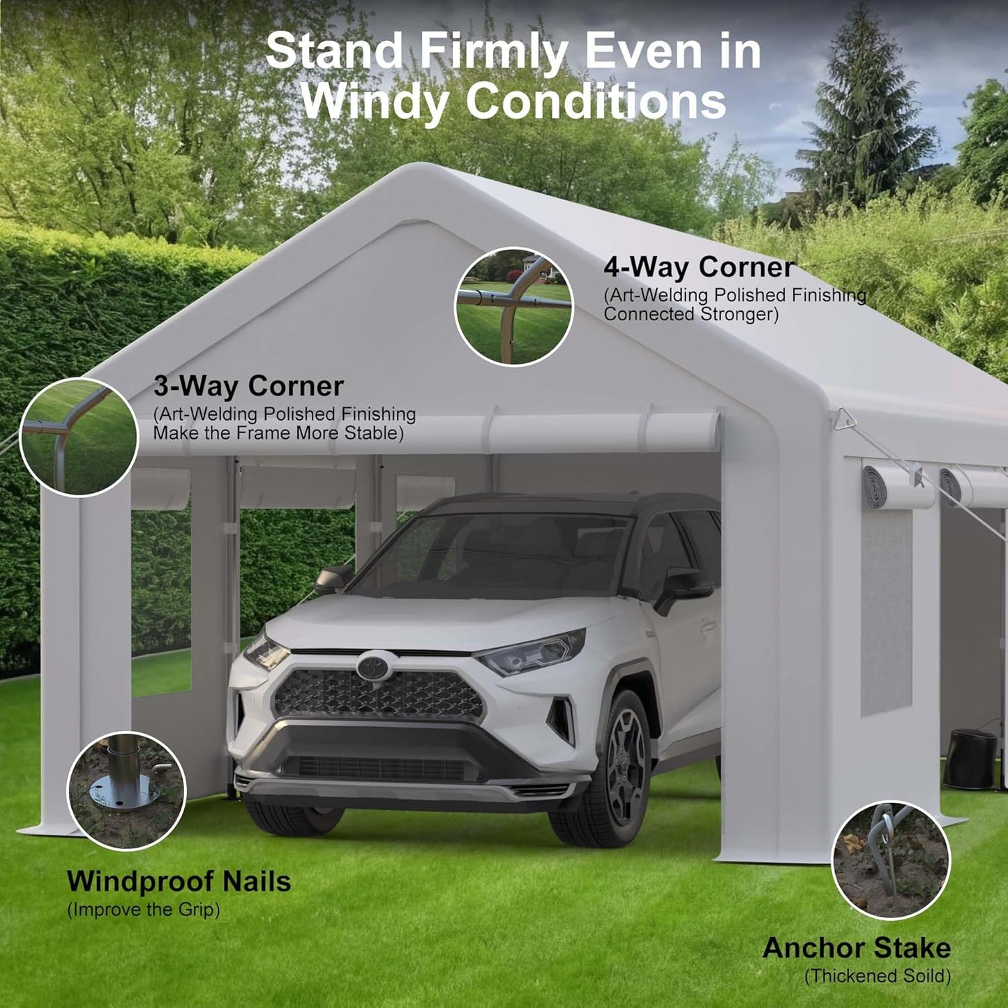 Heavy Duty Carport, Portable Garage with 4 Doors & 4 Window，Upgraded Carport with Reinforced Steel Poles, Uv Resistant All-Season Waterproof Tarp, for Car, Truck, Boat