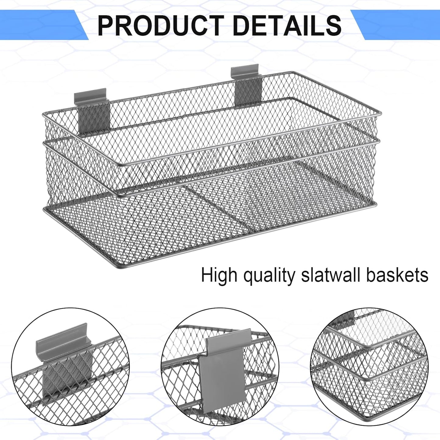 Barydat 4 Pcs Slatwall Basket Set Ventilated Metal Slatwall Basket Hanging Wire Bins Wall Mounted Accessories for Panel Garage Storage Display Organizing(Multi Size,Gray)