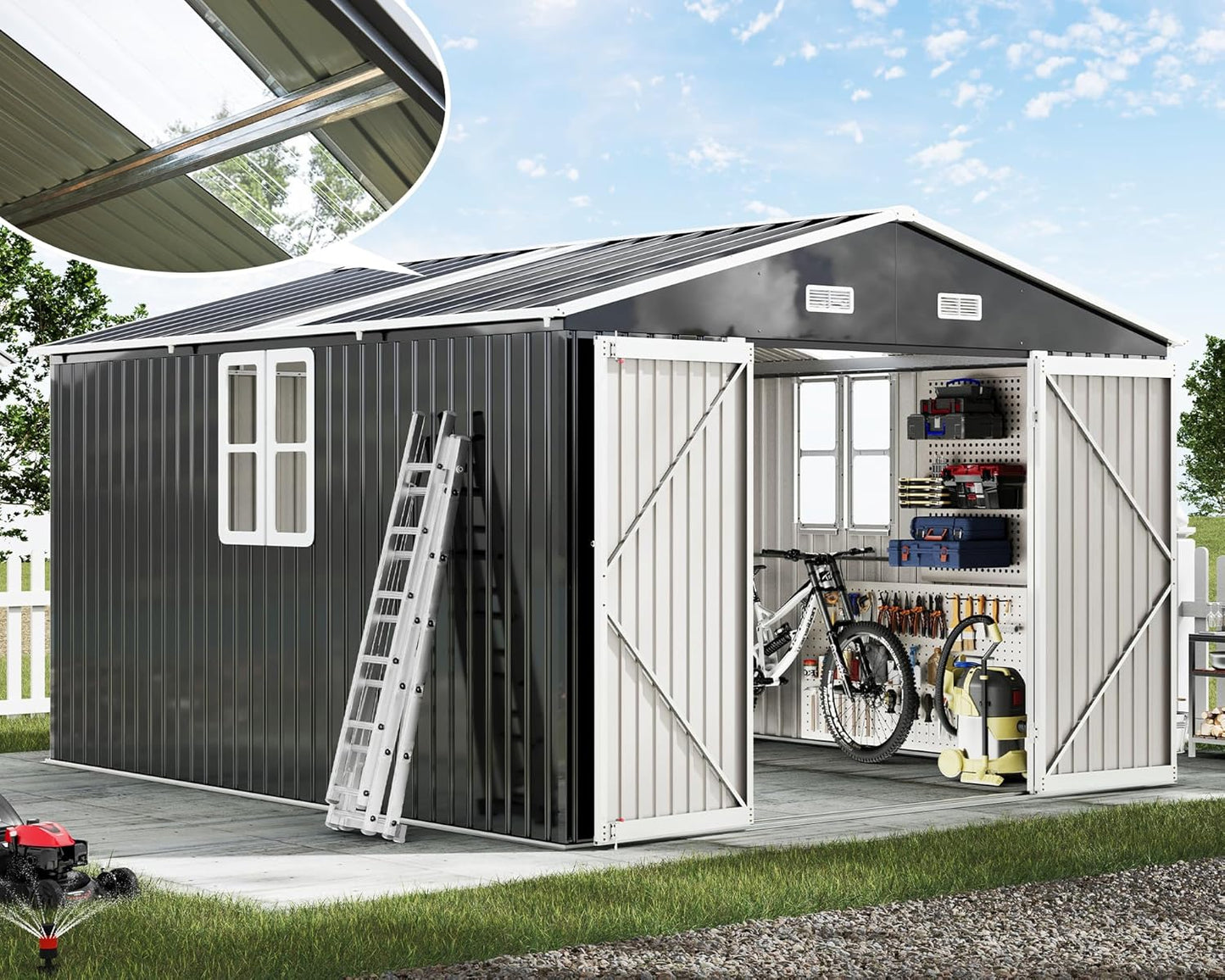AMERLIFE 10x12x7 FT Galvanized Steel Storage Shed with Dual Transparent Panels, 2 4-Pane Windows & Hinged Double Doors, Outdoor Shed for Backyard, Garden, Patio, Dark Grey/White