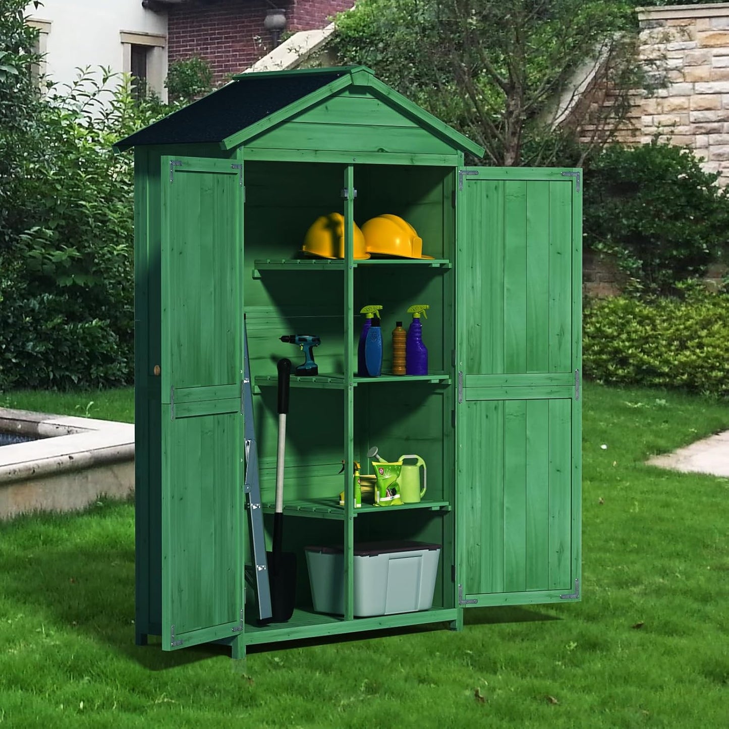 35.6" Outdoor Storage Shed,Wooden Shed with 4-Tier Removable Shelves,Garden Tool Cabinet W/Double Doors & Handles,All Weather Waterproof House W/Sloped Waterproof Asphalt Roof,Forest Green