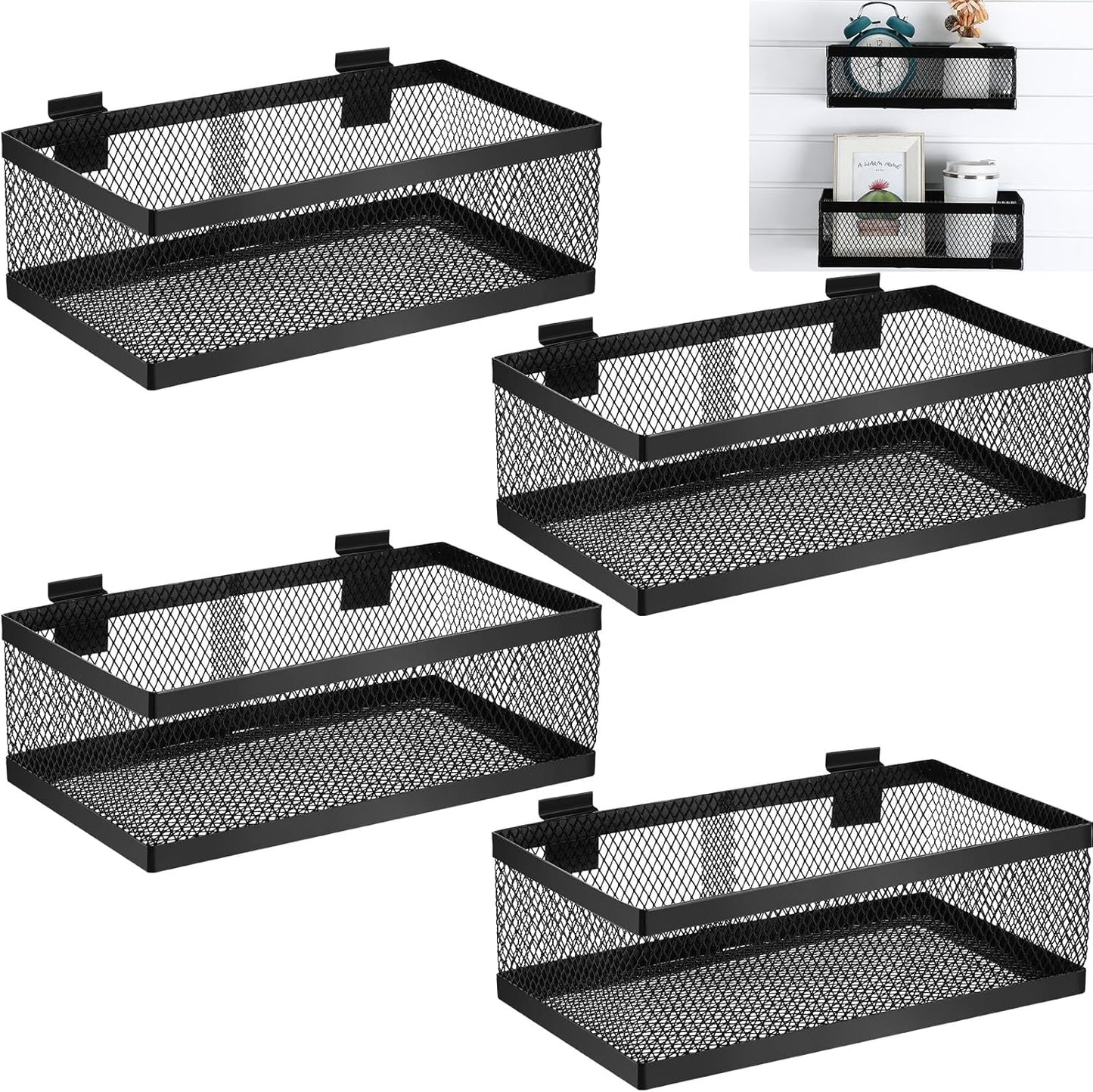 Coume 4 Pcs Black Slatwall Baskets 4 Size Metal Mesh Wire Basket for Slatwall Panels Ventilated Wall Mounted Hanging Accessories for Home Garage Retail Store Display Organizing(13.5 x 7.5 x 4.5 Inch)