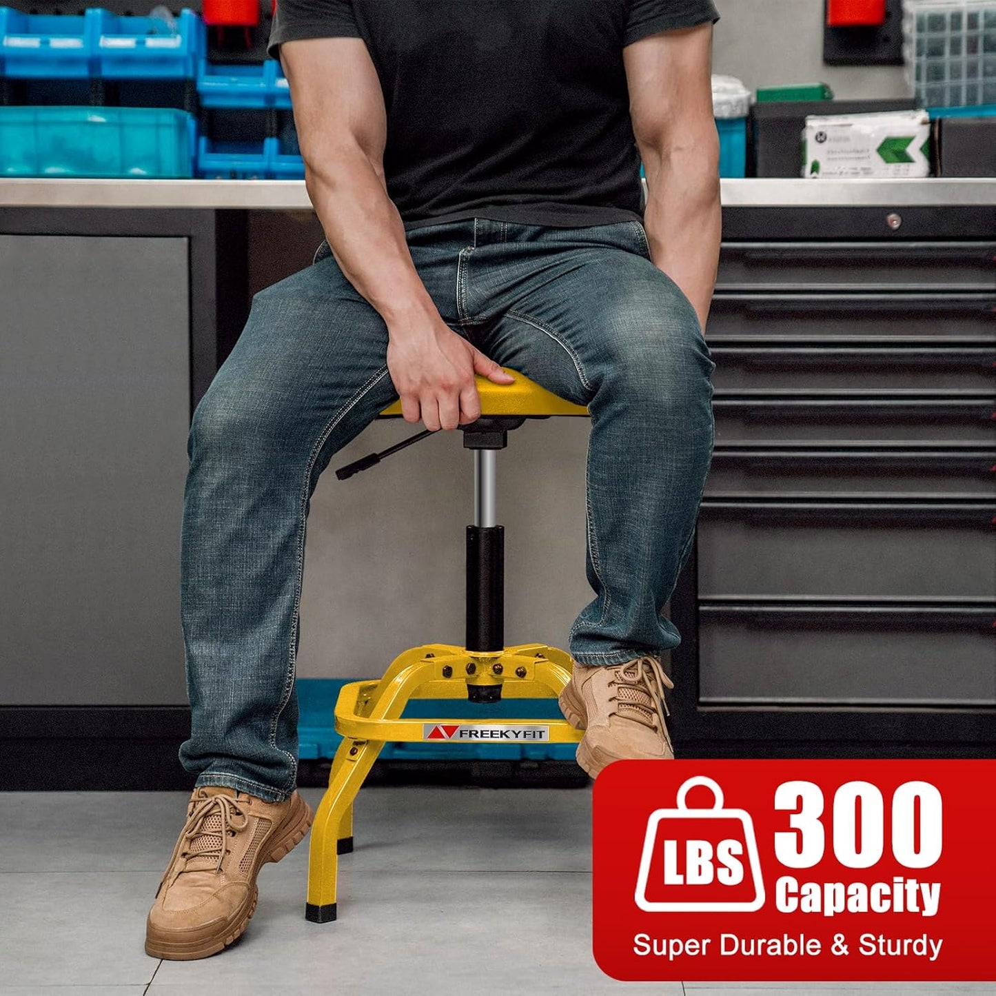 Shop Stool with Backrest, Mechanic Garage Stool for Workshop, Adjustable Shop Stools Chair, Padded Workbench Stools for Men Women, 300 LBS Capacity, 360° Swivel PVC Seat, Heavy Duty, Yellow