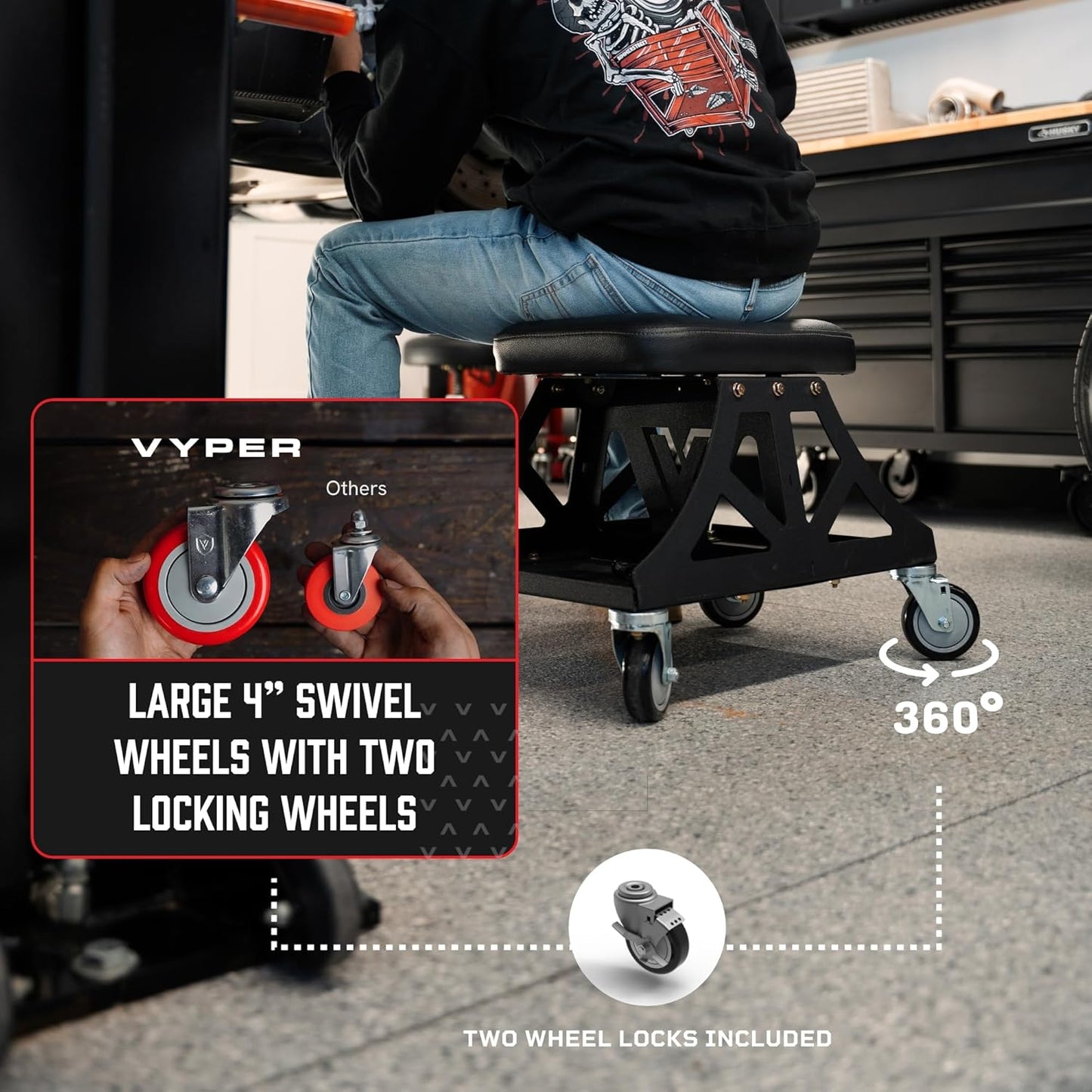 Vyper Low Pro Garage Stool with Removable Seat for Mechanics, Automotive, DIY - 400 lb Capacity Rolling Shop Chair (Black Seat, Blue Frame)