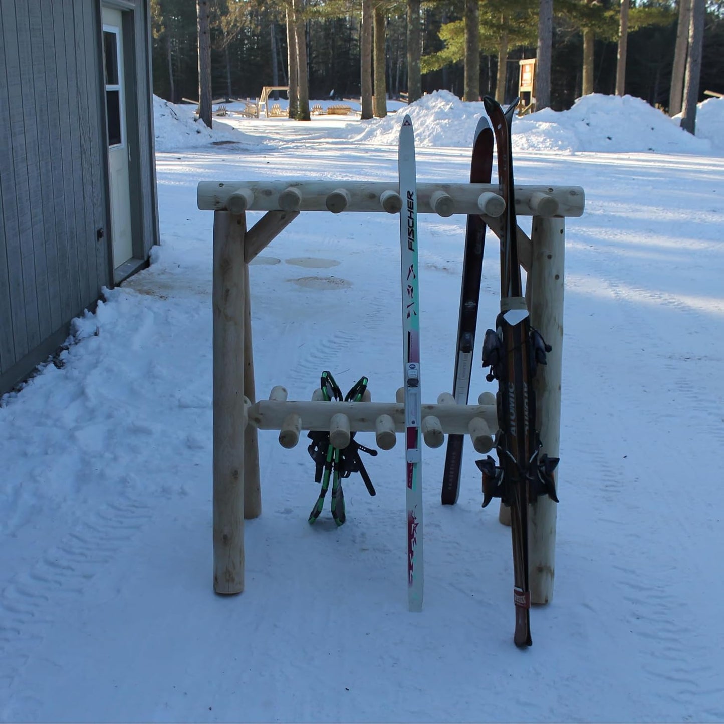 13-Place Freestanding Log Ski Rack Holder, Indoor & Outdoor Snowboard Racks, Standing Storage, Garage Racks for Snow Skis & Poles, Snowboard Rack Garage Storage Organizer-Canyon Brown + 15" Anchor Kit